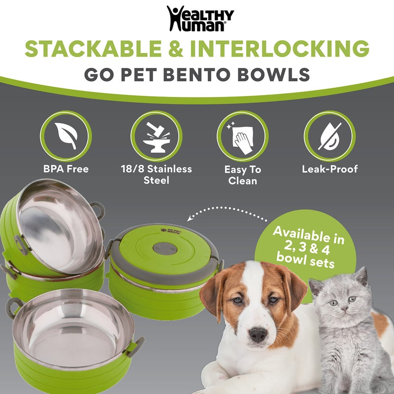Healthy Human Travel Pet Bento Bowls - Human-Grade Stainless Steel & BPA-Free, Leak-Proof Water & Food Container Set for Dogs & Cats, 3-Pack Interlocking Bowls, Includes Spare Clips & Handle (Green) - Image 4